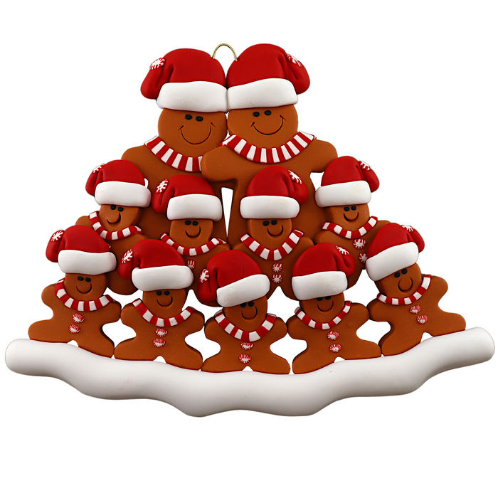 Family ornament with 11 brown gingerbread figures in red Christmas hats.