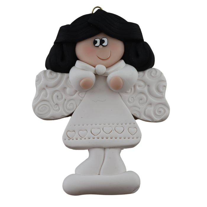 Angel wearing white with black hair ornament.