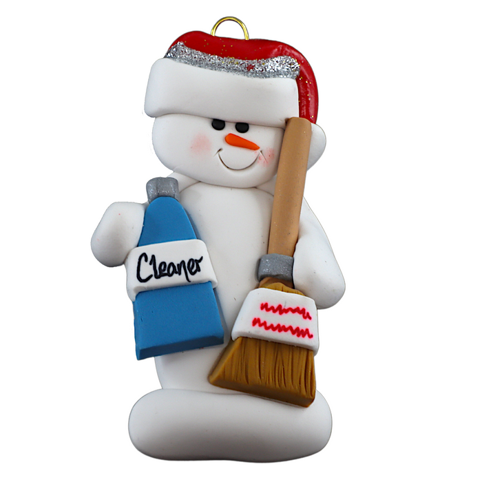 Ornament of white snowman in red hat holding a broom and bottle of cleaning solution.
