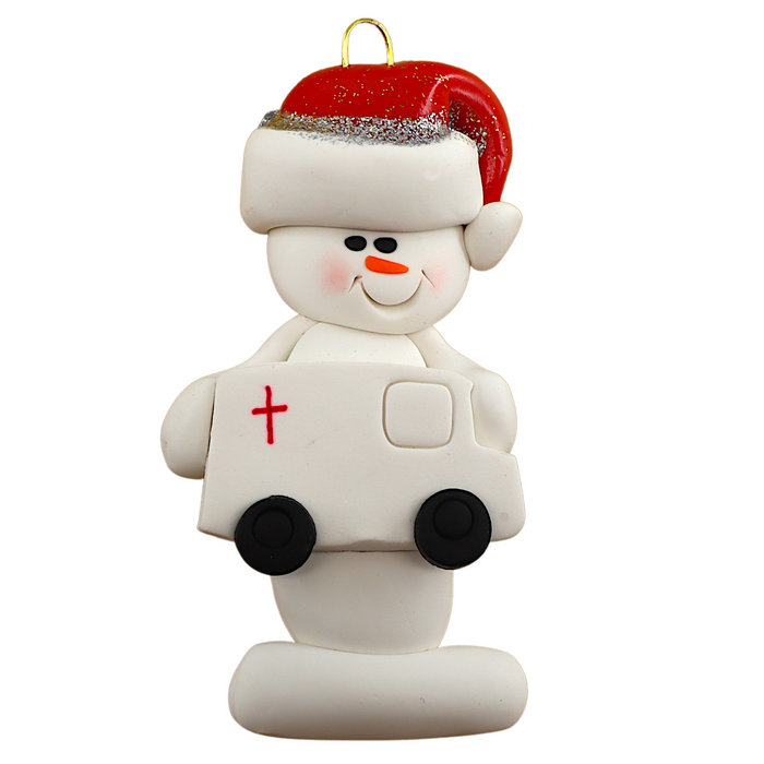 Ornament of white snowman in red hat holding a white ambulance.