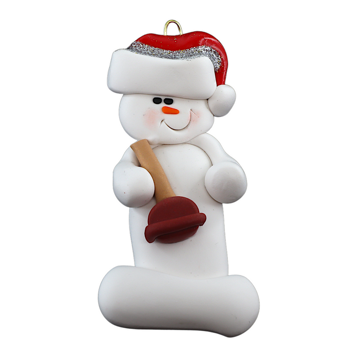 Ornament of white snowman in red hat holding a toilet plunger.