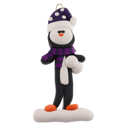 Penguin wearing purple hat and scarf ornament.