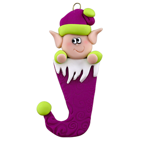 Elf poking out of magenta stocking ornament.
