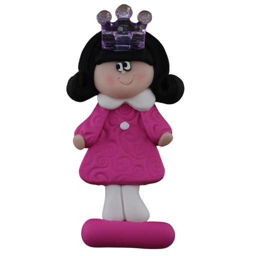Pink princess with crown and black hair ornament.
