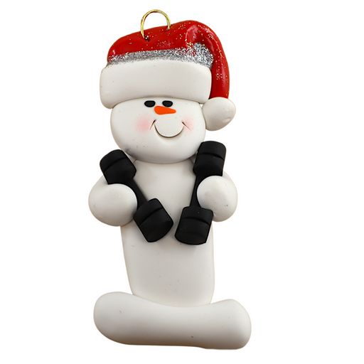 Ornament of white snowman in red hat carrying two dumbbells.
