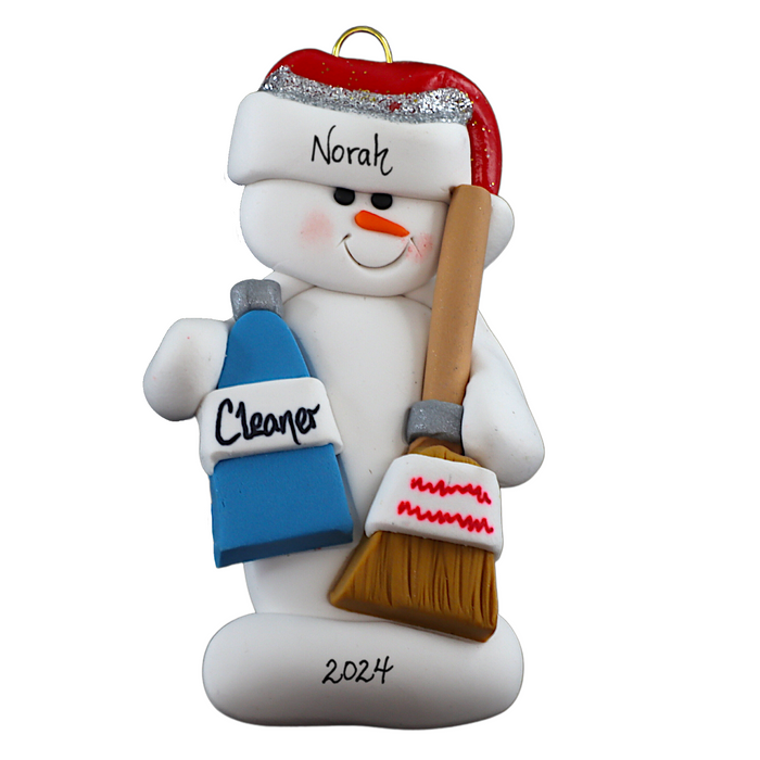 Ornament of white snowman in red hat holding a broom and bottle of cleaning solution, numbered 1-2 for personalization.