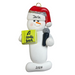 Ornament of white snowman in red hat holding a microphone and green music book, personalized with name.