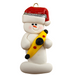 Ornament of white snowman in red hat holding a yellow kayak.