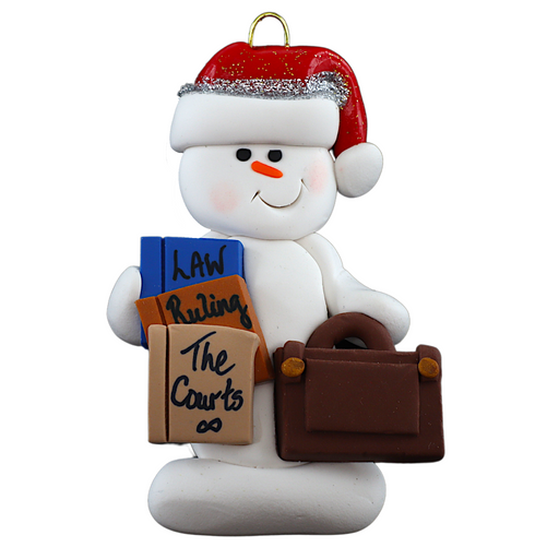 Ornament of white snowman in red hat holding a briefcase and law books.