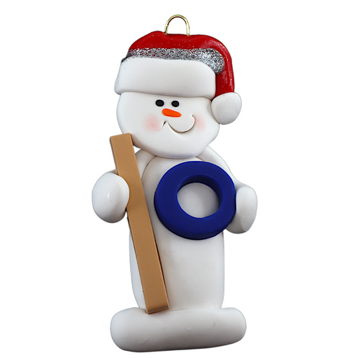 Ornament of white snowman in red hat holding a ringette stick and blue ring.