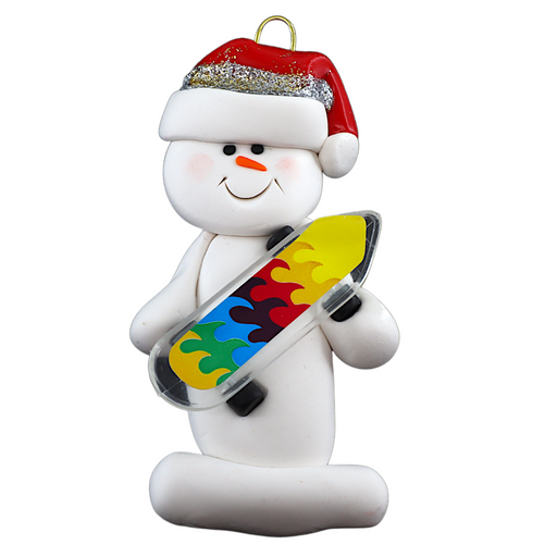 Ornament of white snowman in red hat holding a vibrant skateboard.