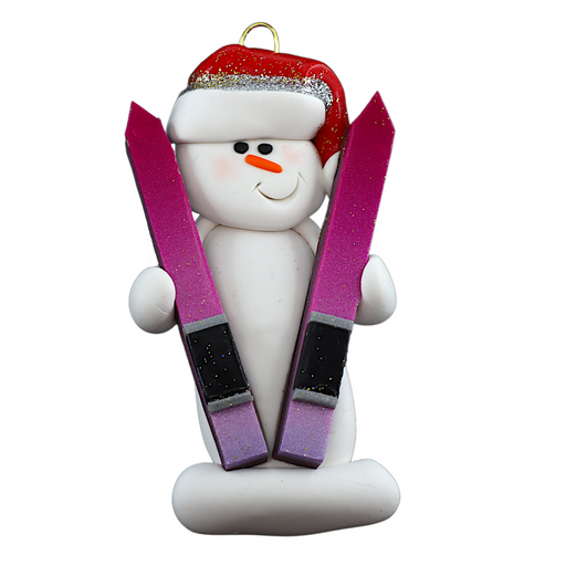 Ornament of white snowman in red hat holding a pair of vibrant skis.