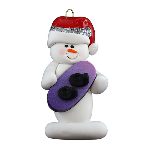 Ornament of white snowman in red hat holding a vibrant snowboard.