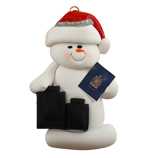 Ornament of white snowman in red hat holding a passport and suitcases.