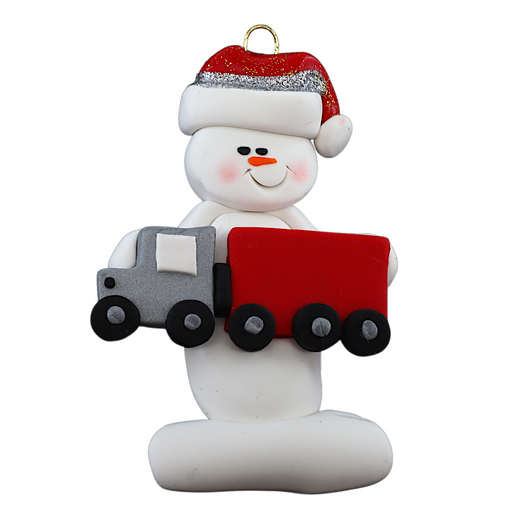 Ornament of white snowman in red hat holding a red semi truck.