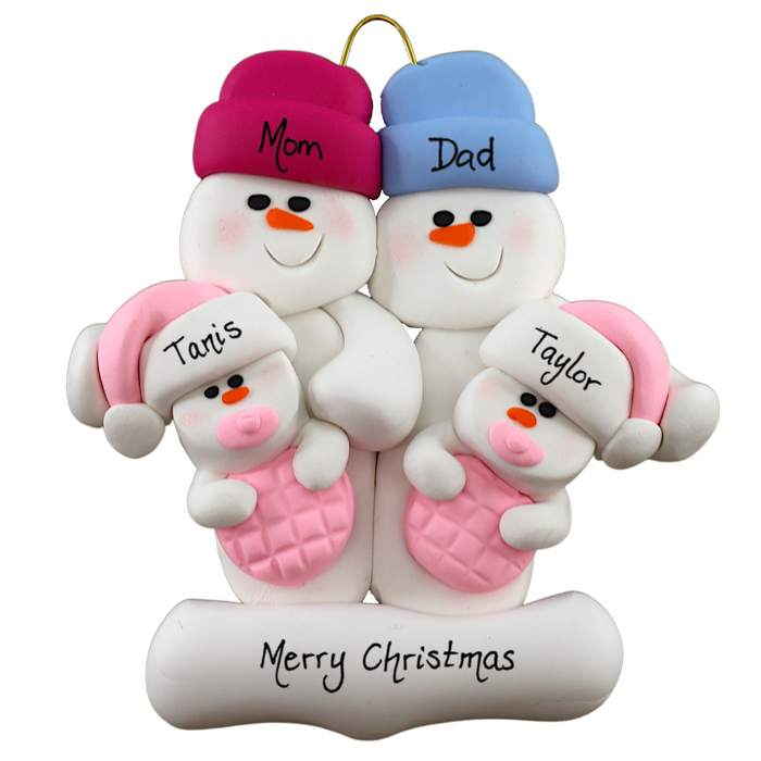 Twin Baby Snowman Family - Pink Christmas Ornament