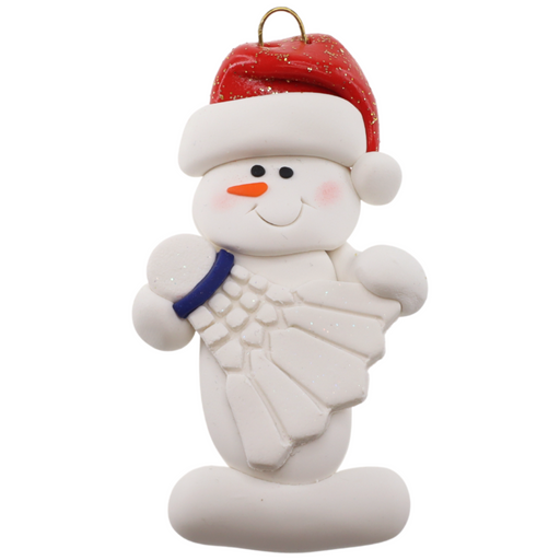 Ornament of white snowman in red hat holding a white badminton birdie.