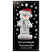 Ornament of white snowman in red hat holding an eye chart, on display backing card.