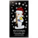 Ornament of white snowman in red hat holding a pool cue and pool balls, on display backing card.