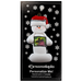 Ornament of white snowman in red hat holding a postal stamp, on display backing card.
