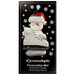 Ornament of white snowman in red hat holding a large white ice skate, on display backing card.
