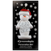 Ornament of white snowman in red hat holding a sudoku page, on display backing card.