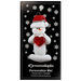 Ornament of white snowman in red hat holding a shiny red heart, on display backing card.