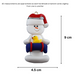 Ornament of white snowman in red hat holding a blue inflatable tube and yellow duck, graphed to show size (4.5x9cm).