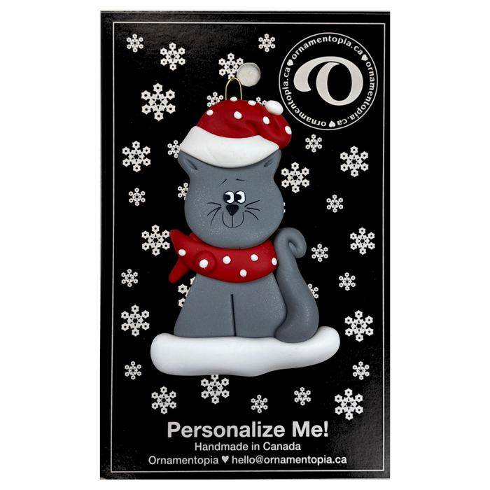 Cat with Polka Dot Scarf Christmas Ornament - Grey