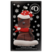 Ornament of brown cat in red and white polka dot Christmas hat and scarf, on display backing card.