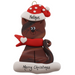 Ornament of brown cat in red and white polka dot Christmas hat and scarf, personalized with name.
