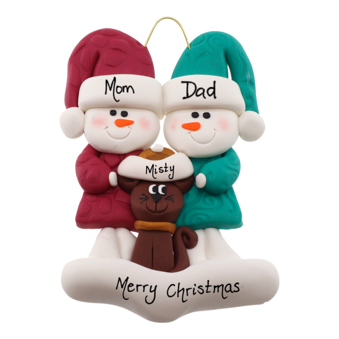 Ornament of snowman couple in red and green shirts and hats with a brown cat in Christmas hat, numbered 1-4 for personalization.