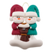 Ornament of snowman couple in red and green shirts and hats with a brown cat in Christmas hat.