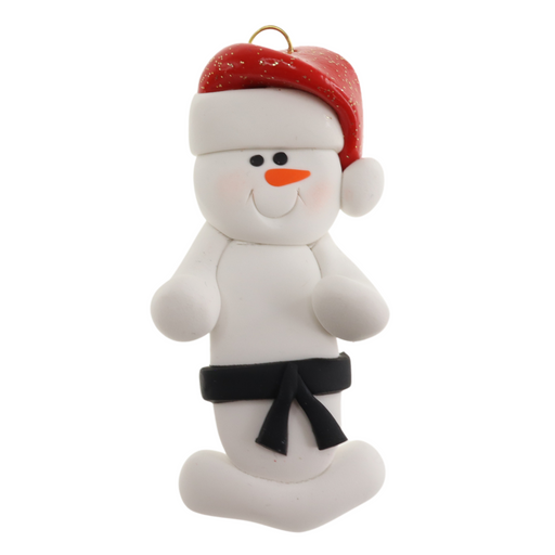 Ornament of white snowman in red hat wearing black belt.