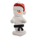 Ornament of white snowman in red hat wearing black belt.