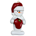 Ornament of white snowman in red hat holding a shiny red apple.