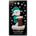 Ornament of snowman in a green shirt and hat with brown cat in Christmas hat, on display backing card.