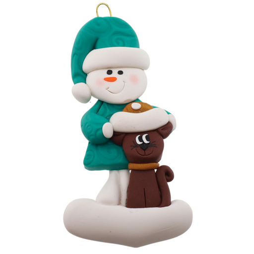 Ornament of snowman in a green shirt and hat with brown cat in Christmas hat.