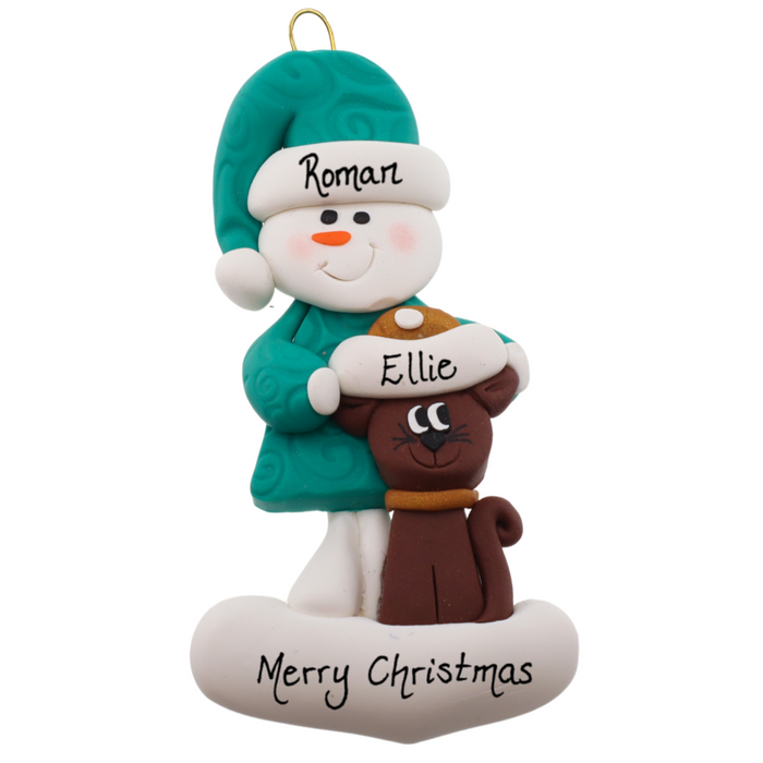 Ornament of snowman in a green shirt and hat with brown cat in Christmas hat, personalized with names.