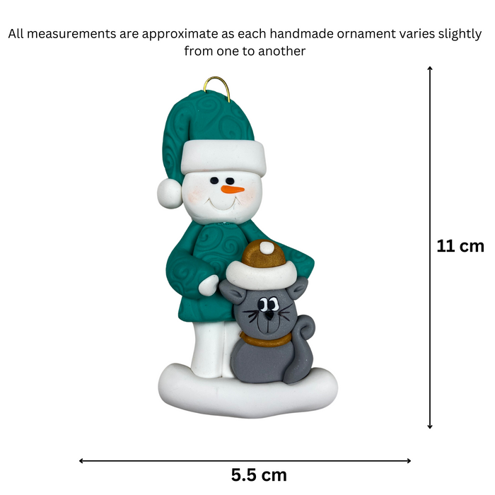 Snowman with Grey Cat Christmas Ornament