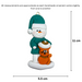 Ornament of snowman in a green shirt and hat with orange cat in Christmas hat, graphed to show size (5.5x11cm).
