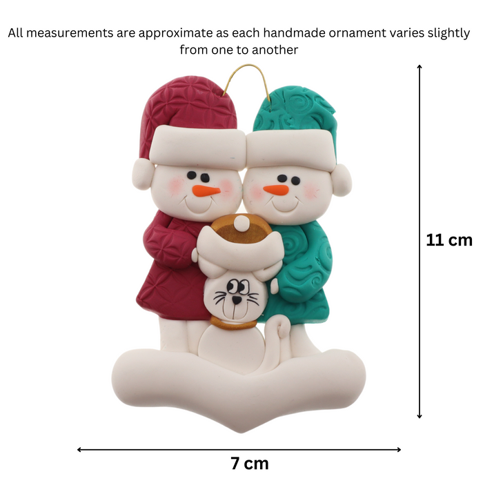 Snowman Couple with White Cat Christmas Ornament