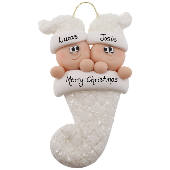 Baby Stocking Twins Christmas Ornament - White Glitter